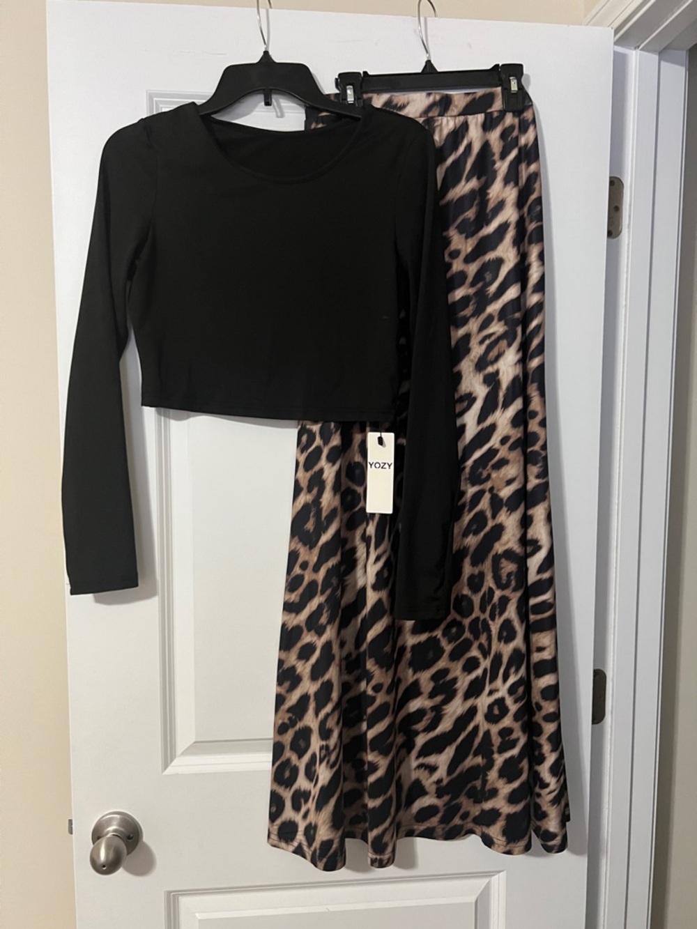 YOZY Black Crop Top with Leopard Print Maxi Skirt